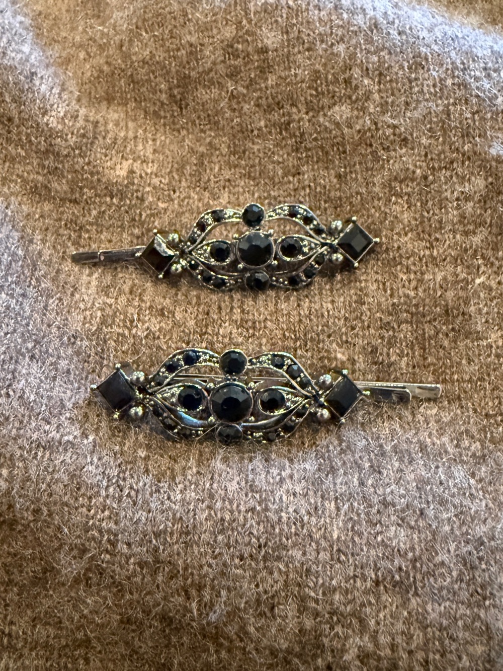 Vintage Black Crystal Filigree Hair Pins - Set of 2